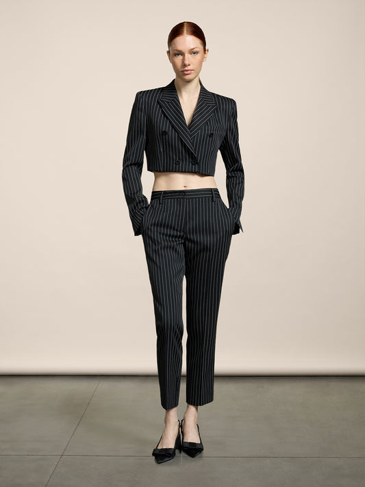WOMEN'S DOUBLE-BREASTED BLAZER WITH PEAKED LAPELS PINSTRIPE BLACK BASE STRIPES - BLACK/WHITE PINSTRIPE - Women′s Blazers | Pence 1979