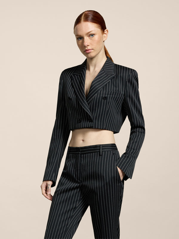 WOMEN'S DOUBLE-BREASTED BLAZER WITH PEAKED LAPELS PINSTRIPE BLACK BASE STRIPES - BLACK/WHITE PINSTRIPE - Women′s Blazers | Pence 1979