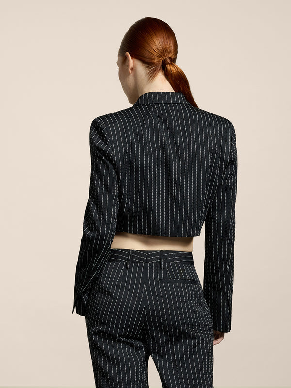 WOMEN'S DOUBLE-BREASTED BLAZER WITH PEAKED LAPELS PINSTRIPE BLACK BASE STRIPES - BLACK/WHITE PINSTRIPE - Women′s Blazers | Pence 1979