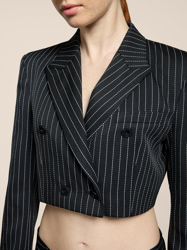 WOMEN'S DOUBLE-BREASTED BLAZER WITH PEAKED LAPELS PINSTRIPE BLACK BASE STRIPES - BLACK/WHITE PINSTRIPE - Women′s Blazers | Pence 1979