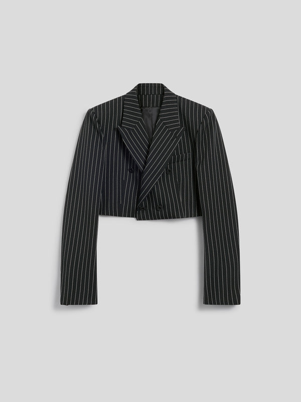 WOMEN'S DOUBLE-BREASTED BLAZER WITH PEAKED LAPELS PINSTRIPE BLACK BASE STRIPES - BLACK/WHITE PINSTRIPE - Women′s Blazers | Pence 1979