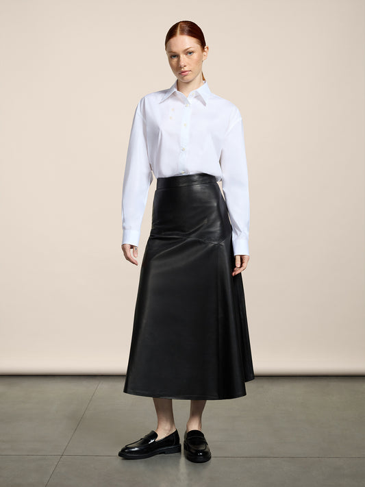 LONG SKIRT WITH ASYMMETRIC CUT REGULAR FIT IN LAMB LEATHER BLACK - BLACK - Women′s Bottomwear | Pence 1979
