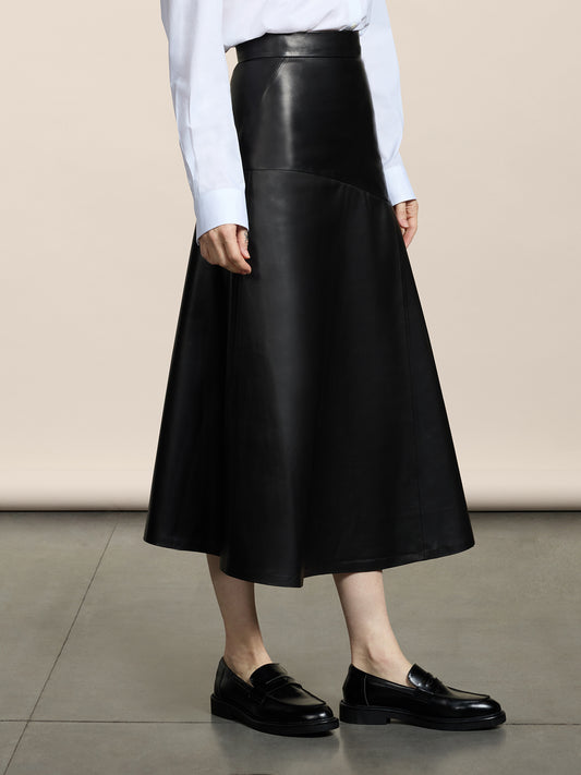 LONG SKIRT WITH ASYMMETRIC CUT REGULAR FIT IN LAMB LEATHER BLACK - BLACK - Women′s Bottomwear | Pence 1979
