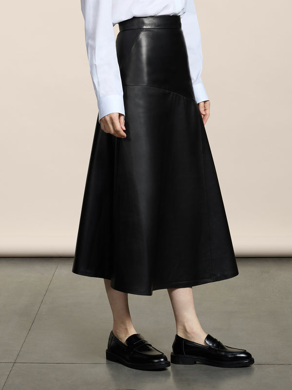 LONG SKIRT WITH ASYMMETRIC CUT REGULAR FIT IN LAMB LEATHER BLACK - BLACK - Women′s Bottomwear | Pence 1979