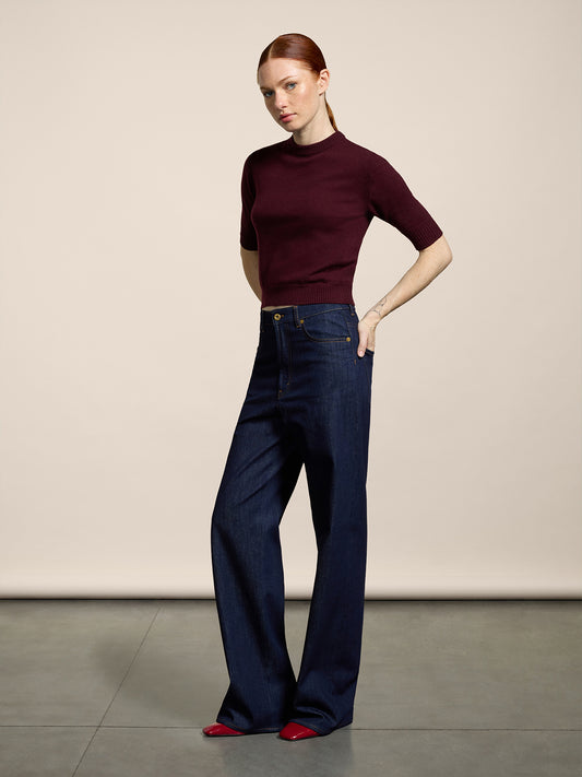MINI CREW NECK SWEATER SLIM FIT SHORT SLEEVES EMBROIDERED LOGO BORDEAUX - BORDEAUX  - Women′s Clothing | Pence 1979