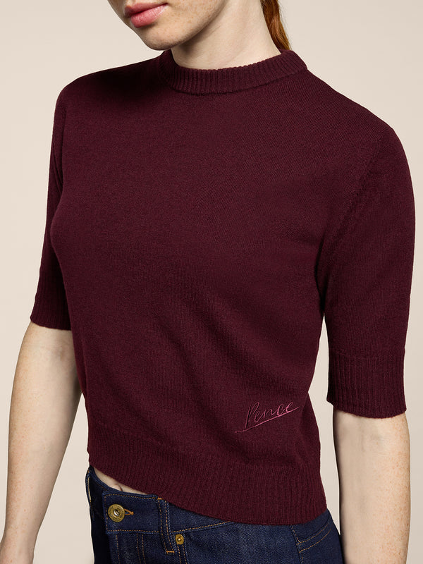 MINI CREW NECK SWEATER SLIM FIT SHORT SLEEVES EMBROIDERED LOGO BORDEAUX - BORDEAUX  - Women′s Clothing | Pence 1979