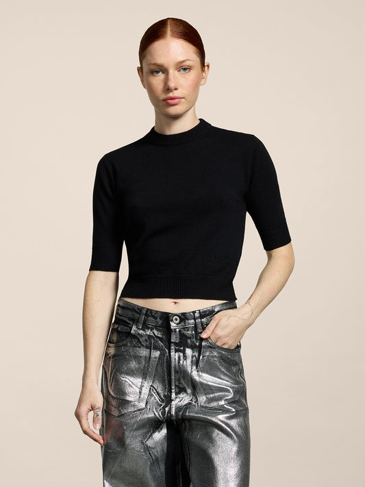 MINI CREW NECK SWEATER SLIM FIT SHORT SLEEVES EMBROIDERED LOGO BLACK - BLACK - Women′s Clothing | Pence 1979