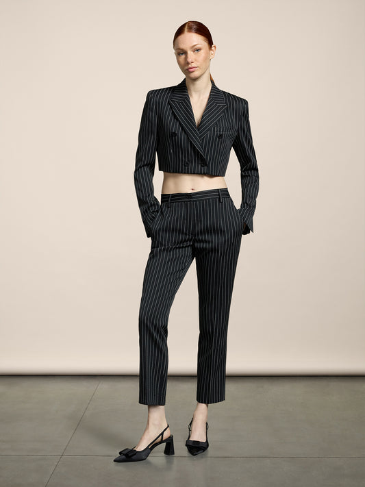 WOMEN'S REGULAR FIT PINSTRIPE CHINO PANT BLACK BASE WITH WHITE STRIPES - BLACK/WHITE PINSTRIPE - Women′s Bottomwear | Pence 1979