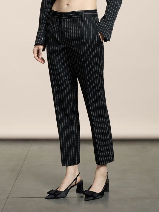 WOMEN'S REGULAR FIT PINSTRIPE CHINO PANT BLACK BASE WITH WHITE STRIPES - BLACK/WHITE PINSTRIPE - Women′s Bottomwear | Pence 1979