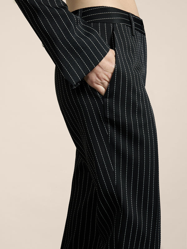 WOMEN'S REGULAR FIT PINSTRIPE CHINO PANT BLACK BASE WITH WHITE STRIPES - BLACK/WHITE PINSTRIPE - Women′s Bottomwear | Pence 1979
