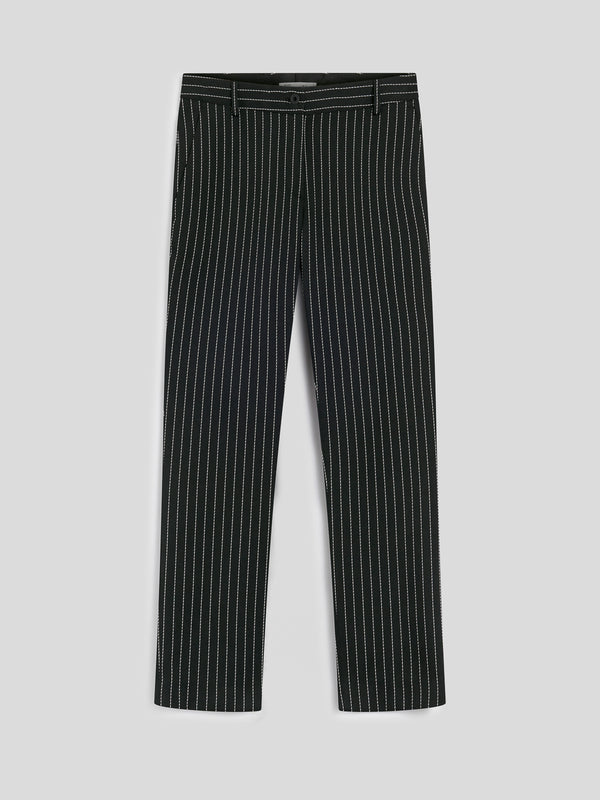 WOMEN'S REGULAR FIT PINSTRIPE CHINO PANT BLACK BASE WITH WHITE STRIPES - BLACK/WHITE PINSTRIPE - Women′s Bottomwear | Pence 1979
