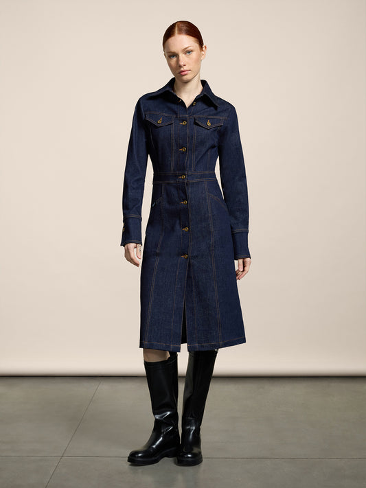 LONG DENIM DRESS COMFORT SLIM FIT DARK BLUE - DARK DENIM BLUE  - Women′s Clothing | Pence 1979