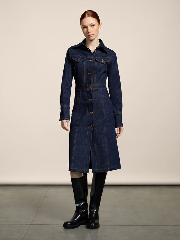 LONG DENIM DRESS COMFORT SLIM FIT DARK BLUE - DARK DENIM BLUE  - Women′s Clothing | Pence 1979