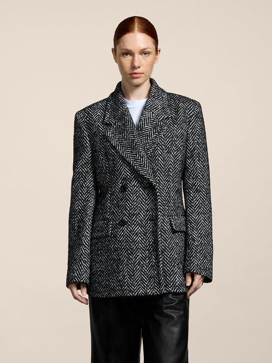 WOMEN'S DOUBLE-BREASTED PEACOAT REGULAR FIT IN BLACK AND WHITE HERRINGBONE - BLACK/WHITE HERRINGBONE - Women′s Clothing | Pence 1979