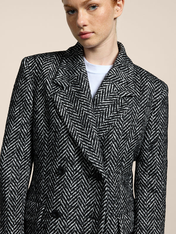 WOMEN'S DOUBLE-BREASTED PEACOAT REGULAR FIT IN BLACK AND WHITE HERRINGBONE - BLACK/WHITE HERRINGBONE - Women′s Clothing | Pence 1979