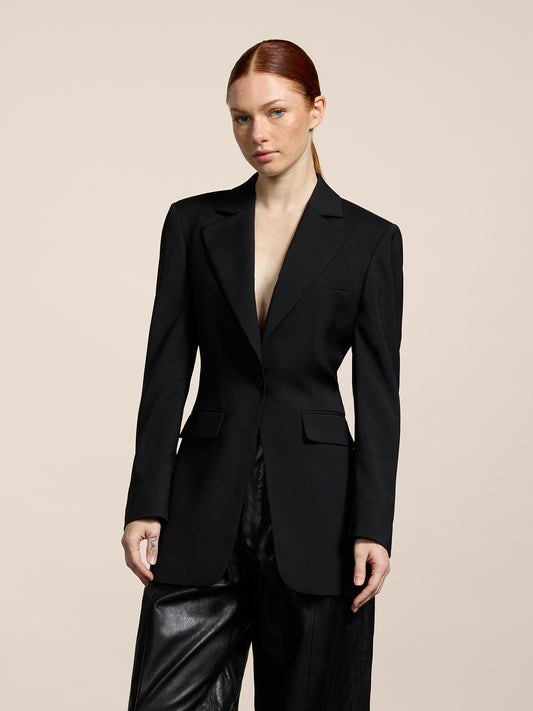 WOMEN'S SINGLE-BREASTED BLAZER WITH MIRROR LAPELS IN LIGHTWEIGHT WOOL REGULAR FIT BLACK - BLACK - Women′s Blazers | Pence 1979