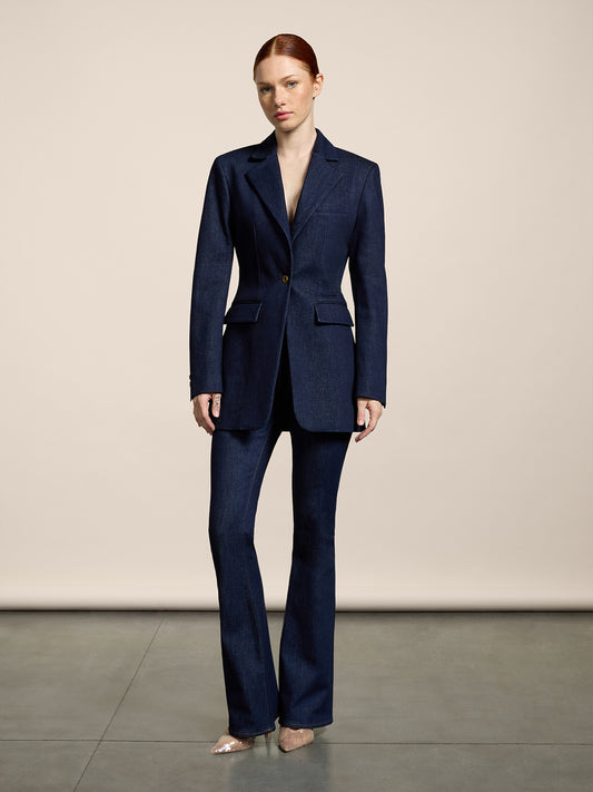 WOMEN'S SINGLE-BREASTED BLAZER WITH MIRROR LAPELS REGULAR FIT IN DENIM BLUE COMFORT - DARK DENIM BLUE  - Women′s Blazers | Pence 1979