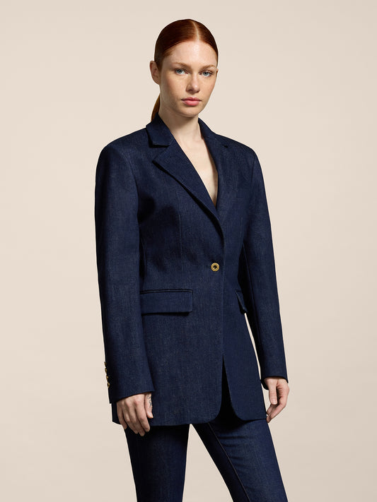 WOMEN'S SINGLE-BREASTED BLAZER WITH MIRROR LAPELS REGULAR FIT IN DENIM BLUE COMFORT - DARK DENIM BLUE  - Women′s Blazers | Pence 1979