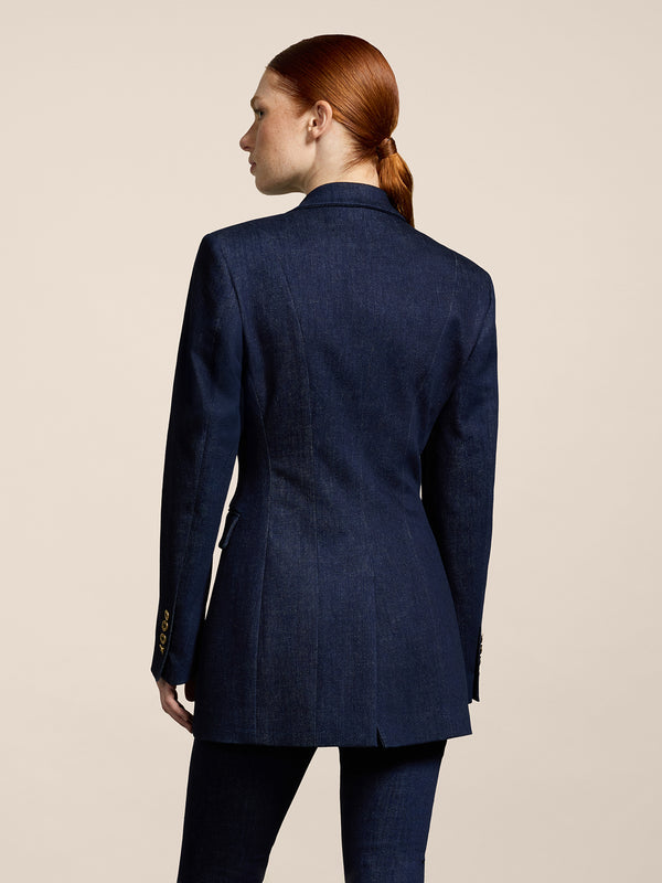 WOMEN'S SINGLE-BREASTED BLAZER WITH MIRROR LAPELS REGULAR FIT IN DENIM BLUE COMFORT - DARK DENIM BLUE  - Women′s Blazers | Pence 1979