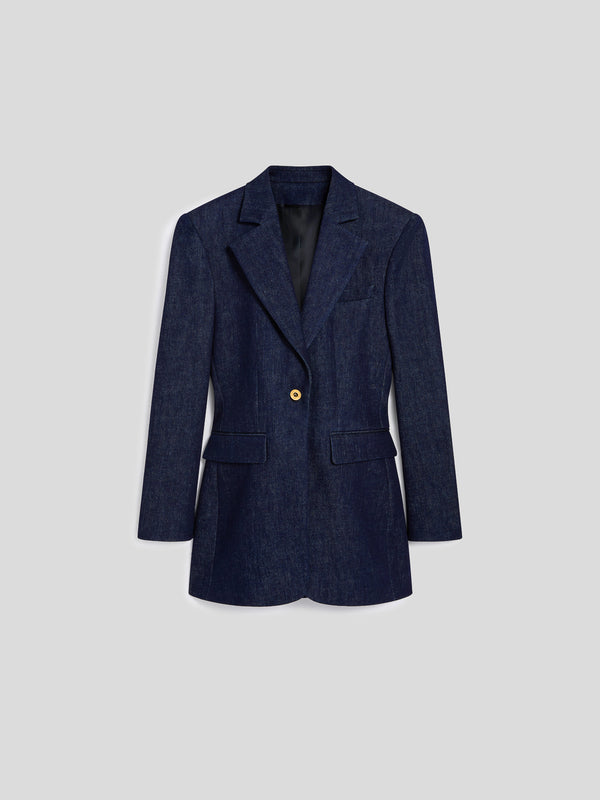WOMEN'S SINGLE-BREASTED BLAZER WITH MIRROR LAPELS REGULAR FIT IN DENIM BLUE COMFORT - DARK DENIM BLUE  - Women′s Blazers | Pence 1979