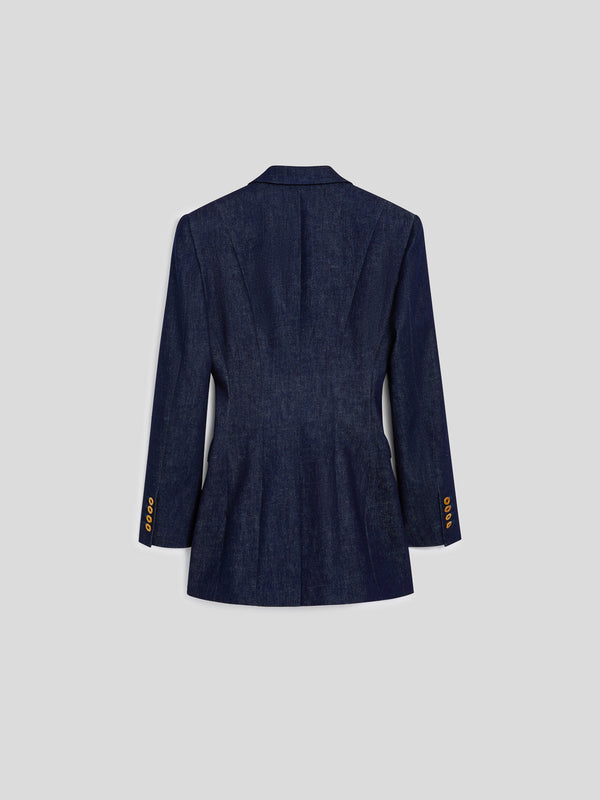 WOMEN'S SINGLE-BREASTED BLAZER WITH MIRROR LAPELS REGULAR FIT IN DENIM BLUE COMFORT - DARK DENIM BLUE  - Women′s Blazers | Pence 1979