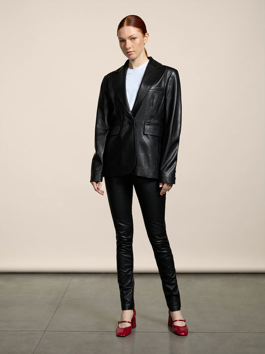 WOMEN'S SINGLE-BREASTED BLAZER WITH MIRROR LAPELS ONE BUTTON CLOSURE LAMB LEATHER REGULAR FIT BLACK - BLACK - Women′s Blazers | Pence 1979