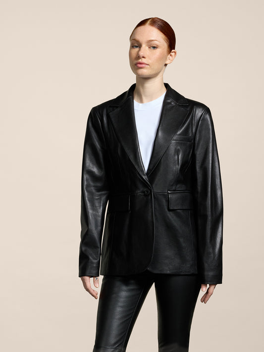 WOMEN'S SINGLE-BREASTED BLAZER WITH MIRROR LAPELS ONE BUTTON CLOSURE LAMB LEATHER REGULAR FIT BLACK - BLACK - Women′s Blazers | Pence 1979