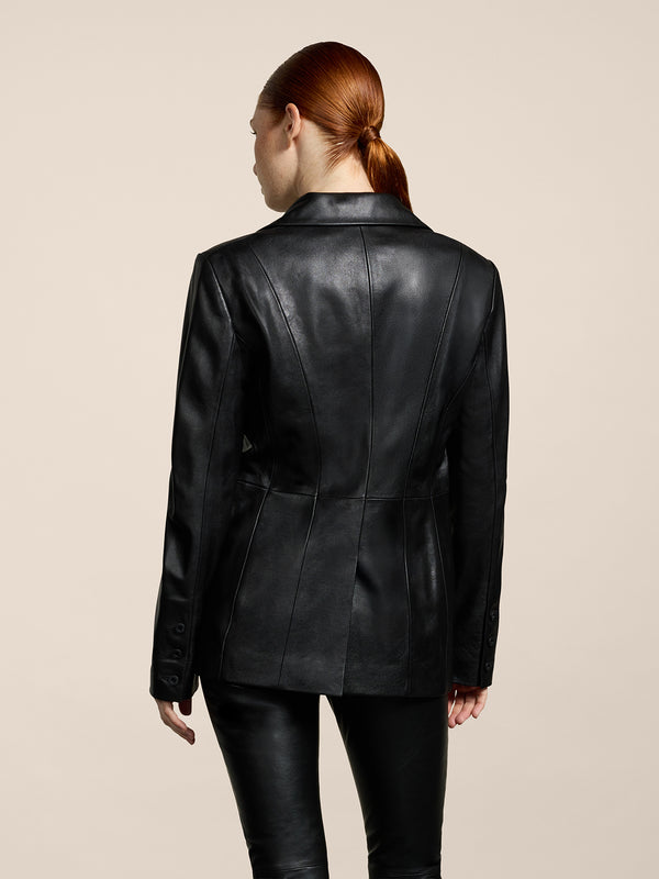 WOMEN'S SINGLE-BREASTED BLAZER WITH MIRROR LAPELS ONE BUTTON CLOSURE LAMB LEATHER REGULAR FIT BLACK - BLACK - Women′s Blazers | Pence 1979