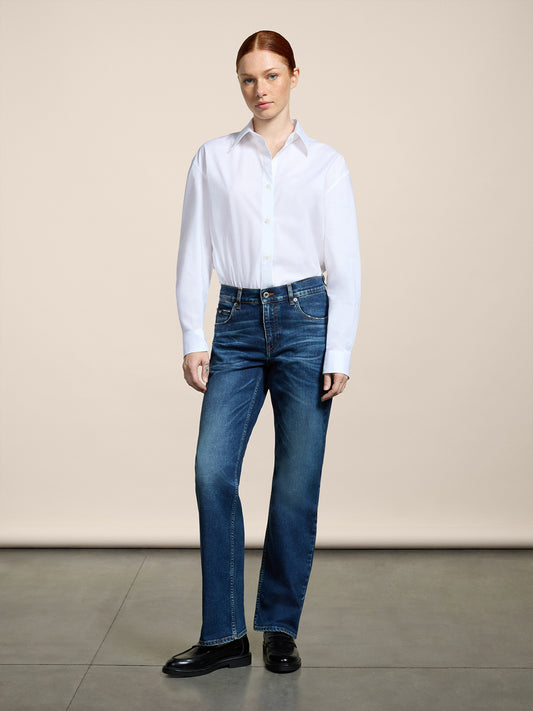 WOMEN'S 5 POCKE REGULAR FIT PANT IN DENIM COMFORT MEDIUM BLUE - MEDIUM DENIM BLUE  - Women′s Bottomwear | Pence 1979
