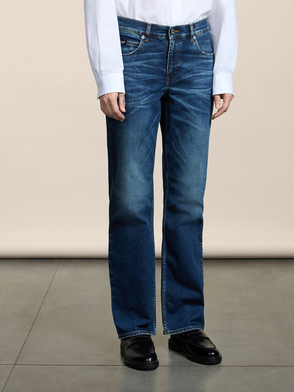 WOMEN'S 5 POCKE REGULAR FIT PANT IN DENIM COMFORT MEDIUM BLUE - MEDIUM DENIM BLUE  - Women′s Bottomwear | Pence 1979