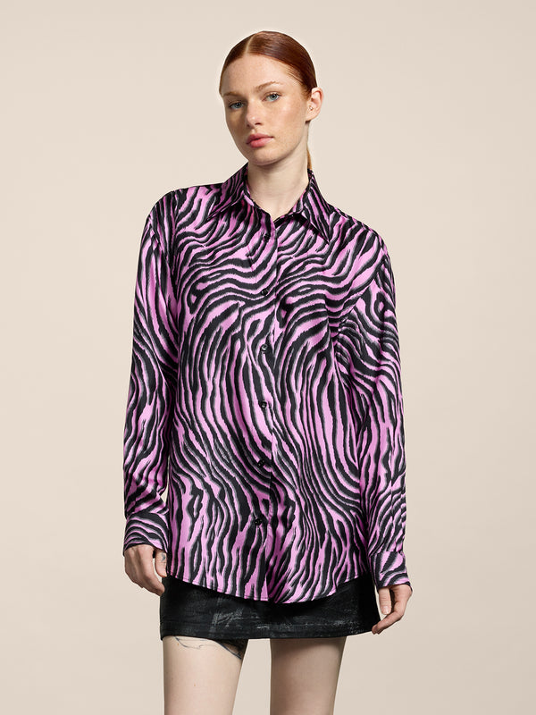 WOMEN'S OVER FIT SILK SHIRT WITH ZEBRA PRINT BLACK AND PINK - BLACK/PINK ZEBRA PRINT - Women′s Clothing | Pence 1979