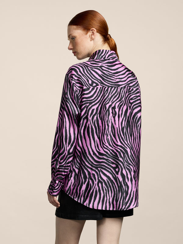 WOMEN'S OVER FIT SILK SHIRT WITH ZEBRA PRINT BLACK AND PINK - BLACK/PINK ZEBRA PRINT - Women′s Clothing | Pence 1979
