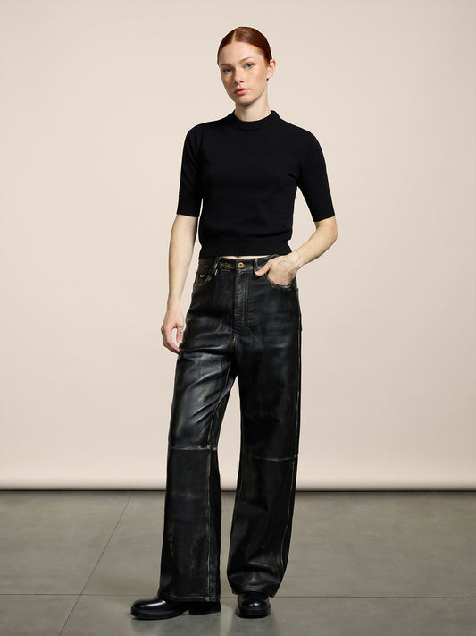 WOMEN'S 5 POCKET HIGH WAIST WIDE LEG PANT IN LAMB LEATHER WITH USED TREATMENT BLACK - BLACK - Women′s Bottomwear | Pence 1979