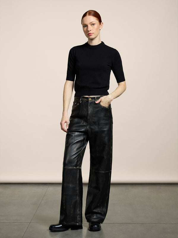 WOMEN'S 5 POCKET HIGH WAIST WIDE LEG PANT IN LAMB LEATHER WITH USED TREATMENT BLACK - BLACK - Women′s Bottomwear | Pence 1979
