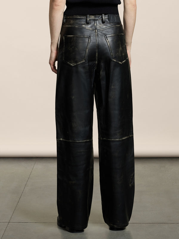 WOMEN'S 5 POCKET HIGH WAIST WIDE LEG PANT IN LAMB LEATHER WITH USED TREATMENT BLACK - BLACK - Women′s Bottomwear | Pence 1979