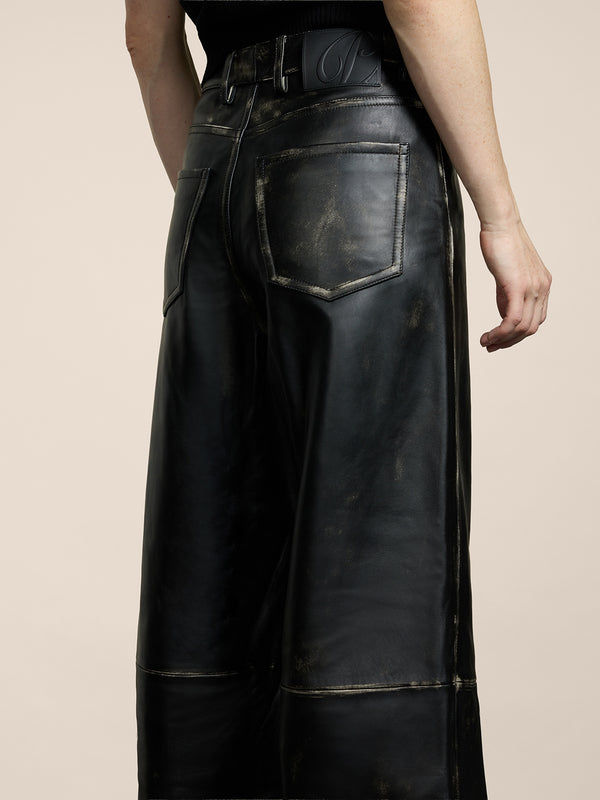 WOMEN'S 5 POCKET HIGH WAIST WIDE LEG PANT IN LAMB LEATHER WITH USED TREATMENT BLACK - BLACK - Women′s Bottomwear | Pence 1979