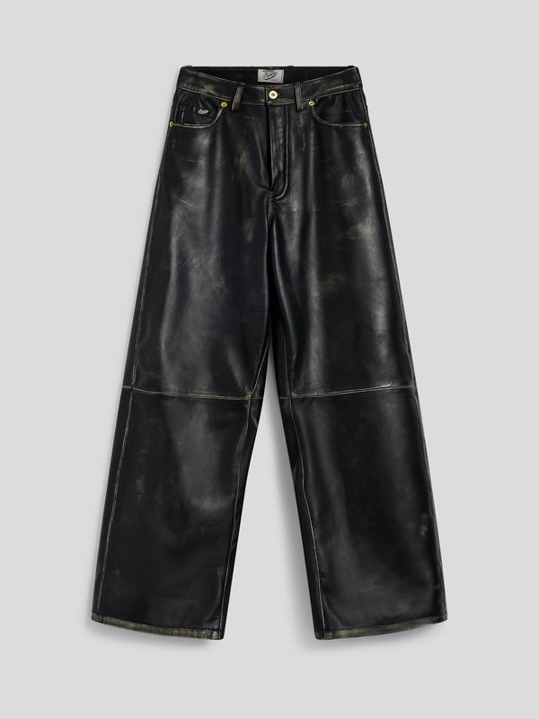 WOMEN'S 5 POCKET HIGH WAIST WIDE LEG PANT IN LAMB LEATHER WITH USED TREATMENT BLACK - BLACK - Women′s Bottomwear | Pence 1979
