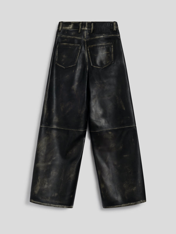 WOMEN'S 5 POCKET HIGH WAIST WIDE LEG PANT IN LAMB LEATHER WITH USED TREATMENT BLACK - BLACK - Women′s Bottomwear | Pence 1979