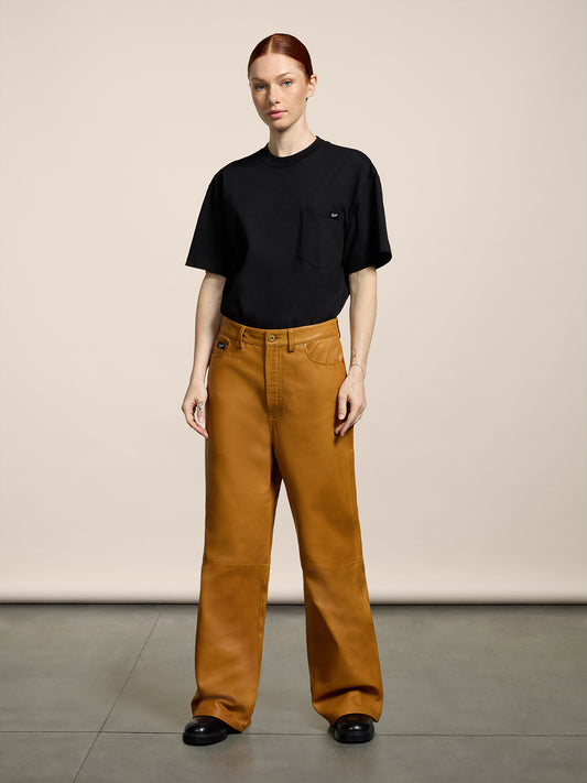 WOMEN'S 5 POCKET HIGH WAIST WIDE LEG PANT IN LAMB LEATHER CARAMEL - CARAMEL - Women′s Bottomwear | Pence 1979