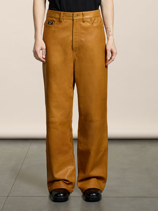 WOMEN'S 5 POCKET HIGH WAIST WIDE LEG PANT IN LAMB LEATHER CARAMEL - CARAMEL - Women′s Bottomwear | Pence 1979