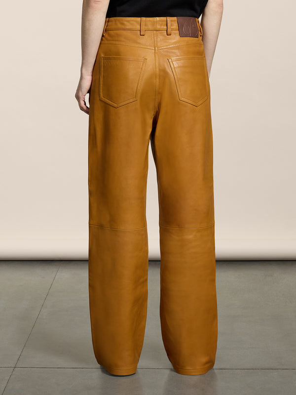 WOMEN'S 5 POCKET HIGH WAIST WIDE LEG PANT IN LAMB LEATHER CARAMEL - CARAMEL - Women′s Bottomwear | Pence 1979