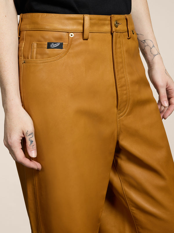 WOMEN'S 5 POCKET HIGH WAIST WIDE LEG PANT IN LAMB LEATHER CARAMEL - CARAMEL - Women′s Bottomwear | Pence 1979