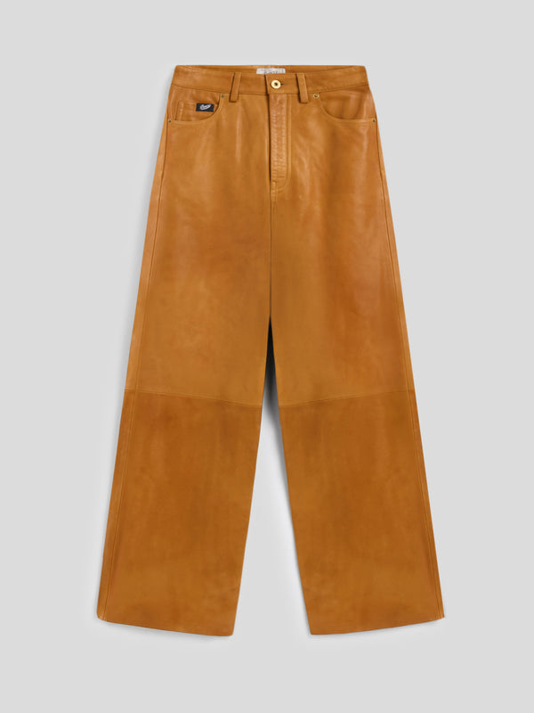 WOMEN'S 5 POCKET HIGH WAIST WIDE LEG PANT IN LAMB LEATHER CARAMEL - CARAMEL - Women′s Bottomwear | Pence 1979