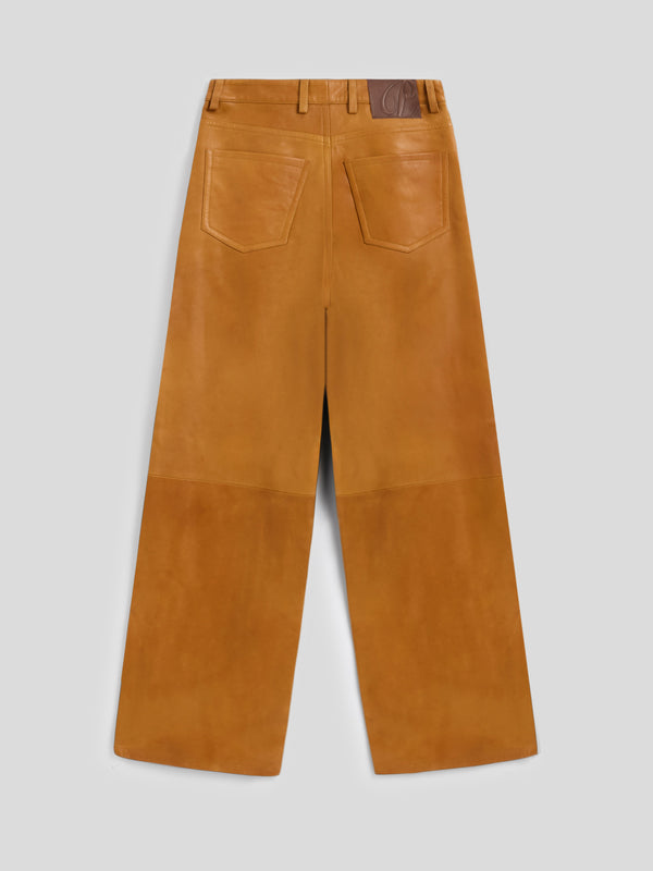 WOMEN'S 5 POCKET HIGH WAIST WIDE LEG PANT IN LAMB LEATHER CARAMEL - CARAMEL - Women′s Bottomwear | Pence 1979