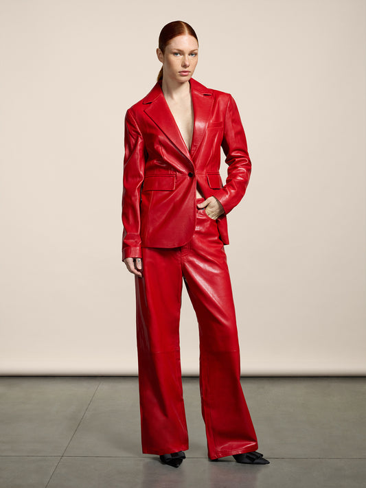 WOMEN'S 5 POCKET PANT HIGH WAIST WIDE LEG REGULAR FIT LAMB LEATHER RED - RED - Women′s Bottomwear | Pence 1979