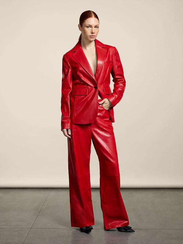 WOMEN'S 5 POCKET PANT HIGH WAIST WIDE LEG REGULAR FIT LAMB LEATHER RED - RED - Women′s Bottomwear | Pence 1979