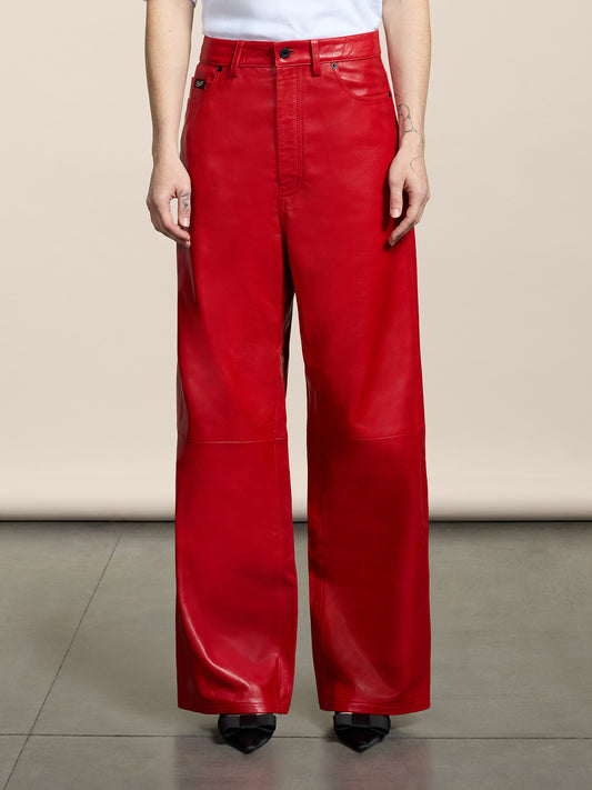 WOMEN'S 5 POCKET PANT HIGH WAIST WIDE LEG REGULAR FIT LAMB LEATHER RED - RED - Women′s Bottomwear | Pence 1979