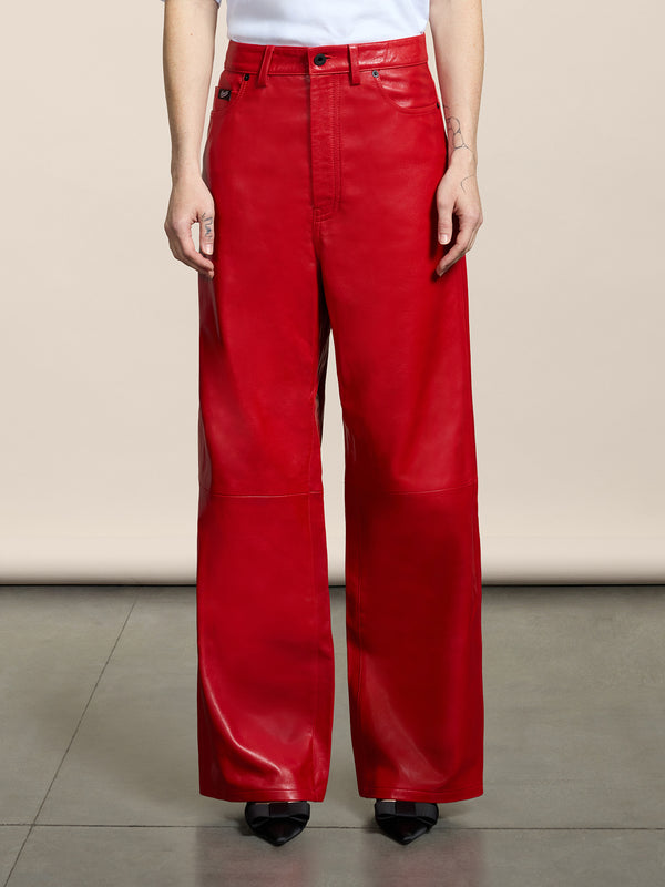 WOMEN'S 5 POCKET PANT HIGH WAIST WIDE LEG REGULAR FIT LAMB LEATHER RED - RED - Women′s Bottomwear | Pence 1979