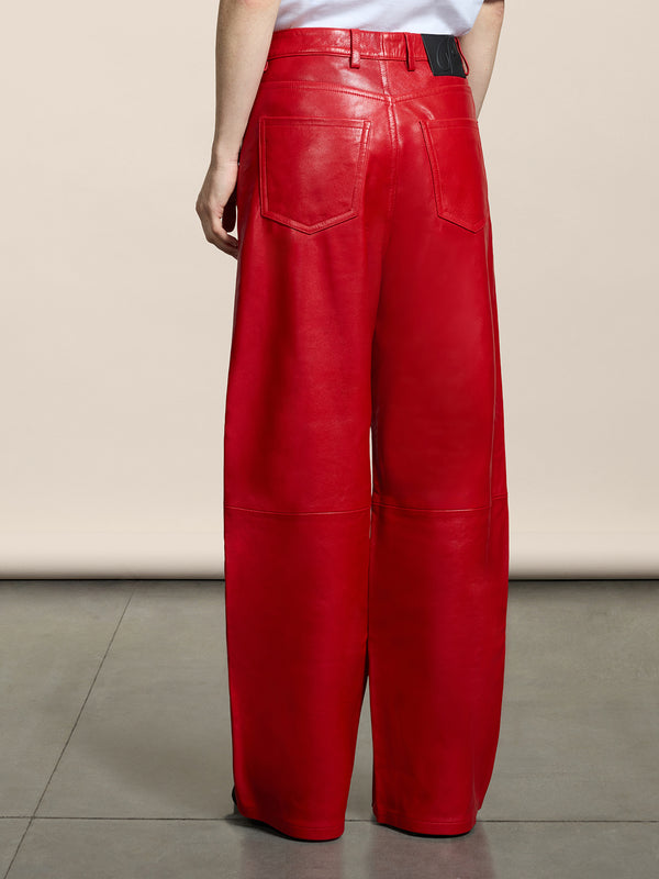 WOMEN'S 5 POCKET PANT HIGH WAIST WIDE LEG REGULAR FIT LAMB LEATHER RED - RED - Women′s Bottomwear | Pence 1979