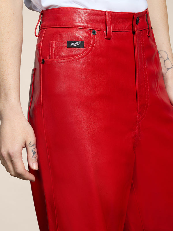 WOMEN'S 5 POCKET PANT HIGH WAIST WIDE LEG REGULAR FIT LAMB LEATHER RED - RED - Women′s Bottomwear | Pence 1979